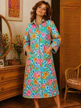 1970's Made In Italy Vibrant Floral Quilted Long Robe - Turquoise, Pink & Orange